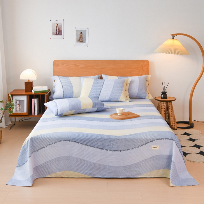 91家纺网 家纺一手货源 找家纺 仟网汇 2025新款活性印染无印纽扣原棉老粗布三件套 蓝波纹