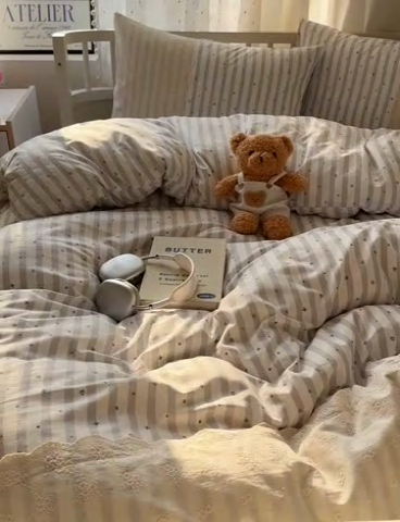 91家纺网 家纺一手货源 找家纺 顾里家纺 2025新款简约小资系列云感双层纱四件套 条纹星星灰