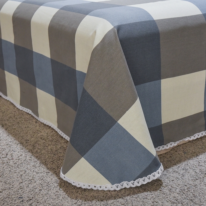 91家纺网 家纺一手货源 找家纺 仟网汇 2025全棉老粗布蕾丝花边三件套（无纺布手提包装） 蓝大格