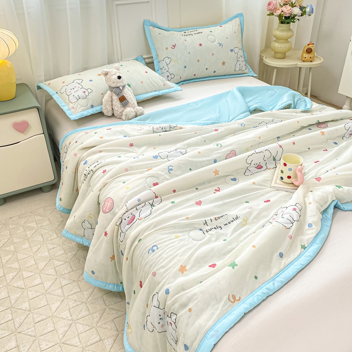 91家纺网 家纺一手货源 找家纺 顺顺家纺 2025新款凉感丝印花夏被空调被 快乐小狗