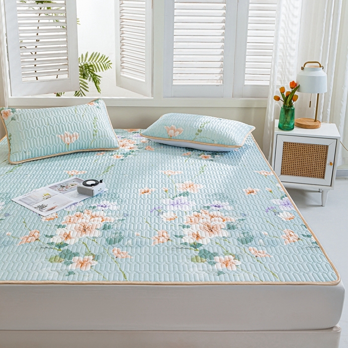 91家纺网 家纺一手货源 找家纺 美丽折2025新品6mm厚天然乳胶凉席三件套 大版印花卡通乳胶凉席平铺款 曼谷花海