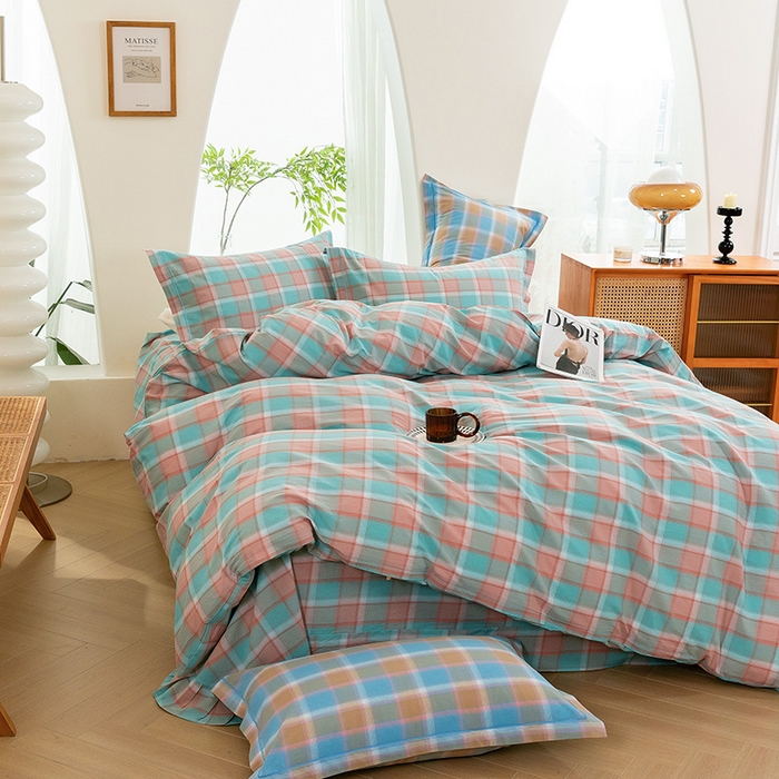 91家纺网 家纺一手货源 找家纺 喜四方 2025新款全棉色织水洗棉四件套 思域（绿）