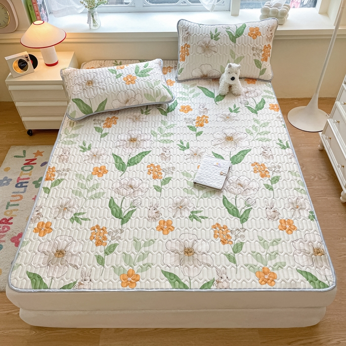 91家纺网 家纺一手货源 找家纺 柒月家居 2025新款小清新乳胶凉席 春意盎然