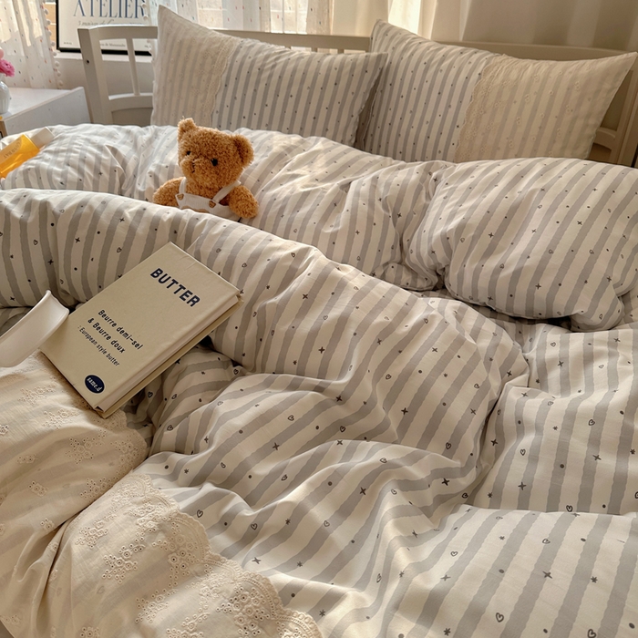 91家纺网 家纺一手货源 找家纺 顾里家纺 2025新款简约小资系列云感双层纱四件套 条纹星星灰