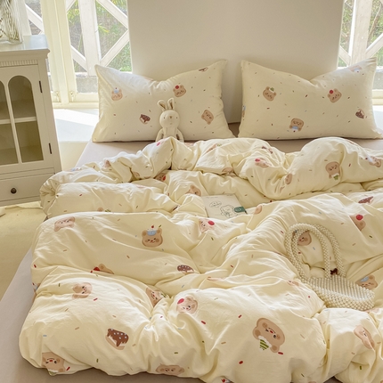 【提供买家秀】2025直播云感皱皱棉四件套水洗棉简约风小碎花被套床笠三件套-平铺图 蛋糕熊