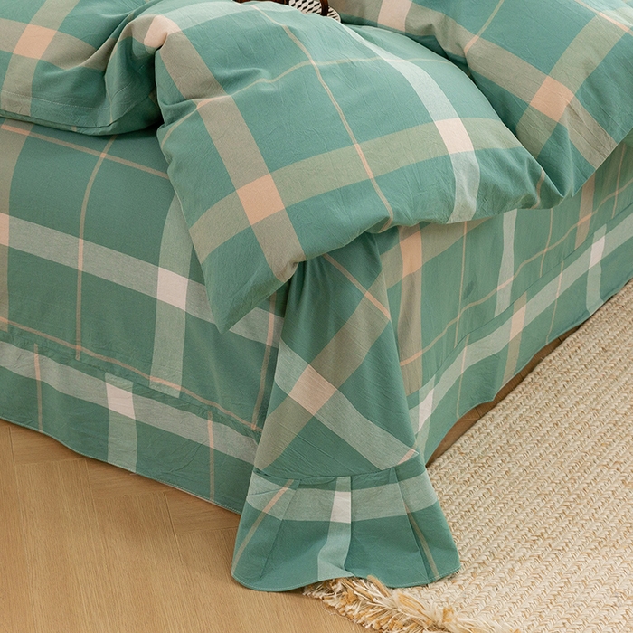 91家纺网 家纺一手货源 找家纺 喜四方 2025新款全棉色织水洗棉四件套 悠然大格（绿）