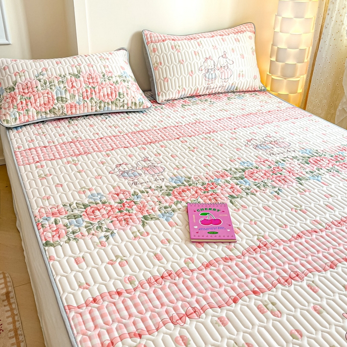 91家纺网 家纺一手货源 找家纺 柒月家居 2025新款小清新乳胶凉席 粉系花园