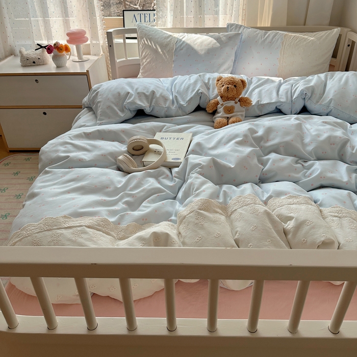 91家纺网 家纺一手货源 找家纺 顾里家纺 2025新款简约小资系列云感双层纱四件套 蓝粉樱桃