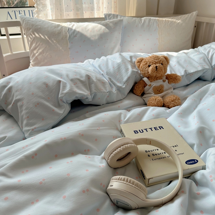 91家纺网 家纺一手货源 找家纺 顾里家纺 2025新款简约小资系列云感双层纱四件套 蓝粉樱桃