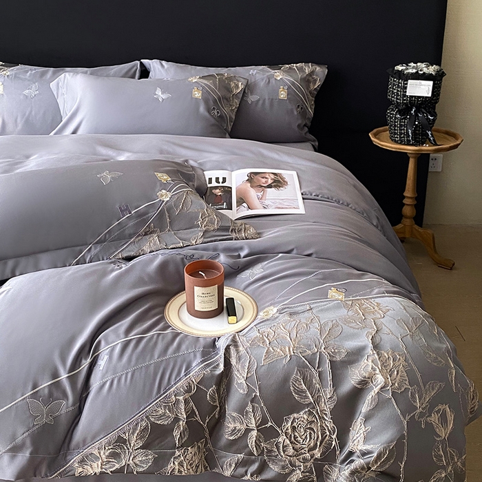 91家纺网 家纺一手货源 找家纺 优悦生活馆 2025新款冰丝浮雕绣花四件套 幽兰轻舞-深灰