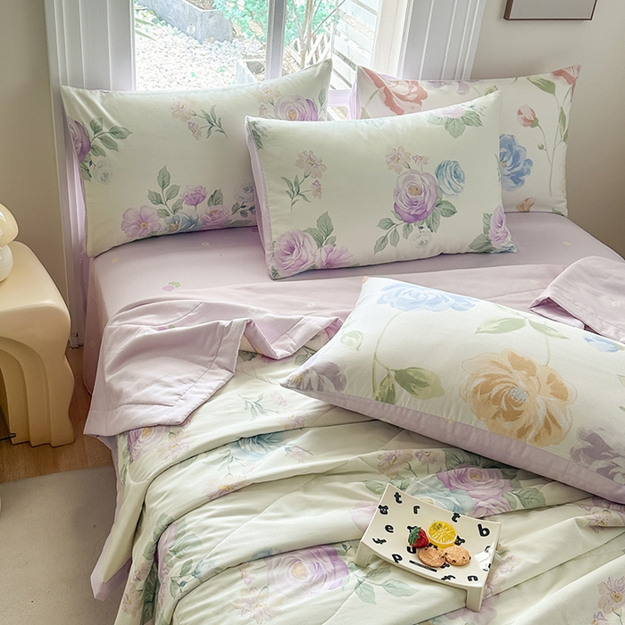 91家纺网 家纺一手货源 找家纺 瑜珠家纺 2025新款里外全棉棉花夏被 假日玫瑰