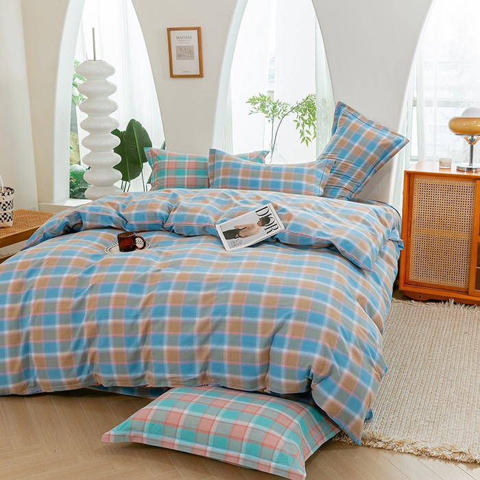 91家纺网 家纺一手货源 找家纺 喜四方 2025新款全棉色织水洗棉四件套 思域（蓝）