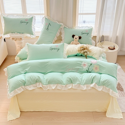 91家纺网 家纺一手货源 找家纺 家贝爱 2025新款花边刺绣四件套繁朵系列 繁朵-绿