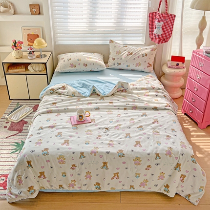 妖妖家纺 2025新款超柔双层纱糯糯针织棉夏凉被四件套 奶萌小熊