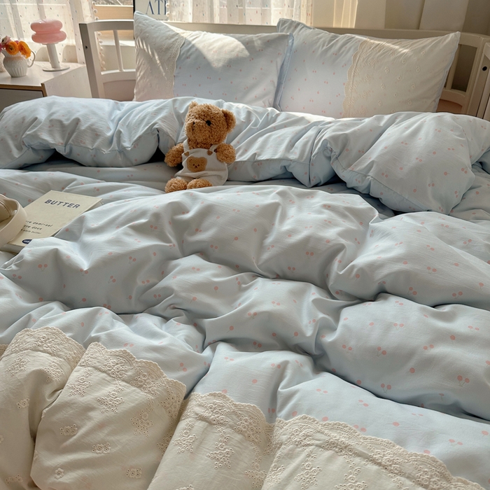 91家纺网 家纺一手货源 找家纺 顾里家纺 2025新款简约小资系列云感双层纱四件套 蓝粉樱桃