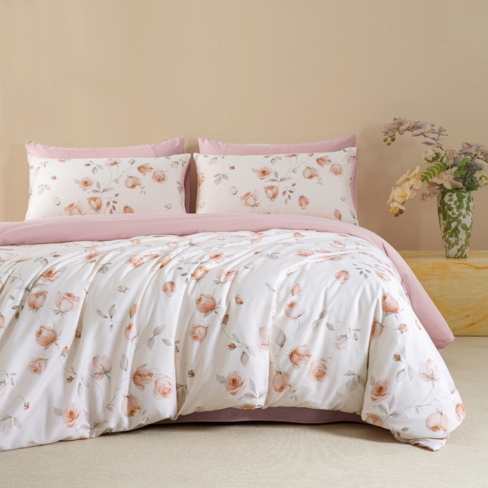 91家纺网 家纺一手货源 找家纺 帅露家纺 2025新款50S莱赛尔天丝印花四件套 花艺盈香-粉