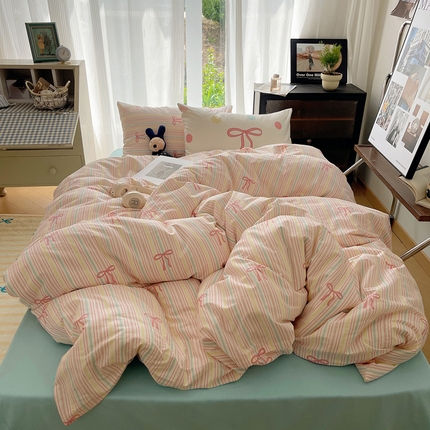 桃喜 2025新款13372经典混搭全棉卡通四件套 条纹蝴蝶结