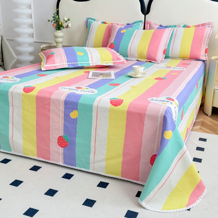 91家纺网 家纺一手货源 找家纺 仟网汇 2025全棉老粗布蕾丝花边三件套（无纺布手提包装） 彩虹