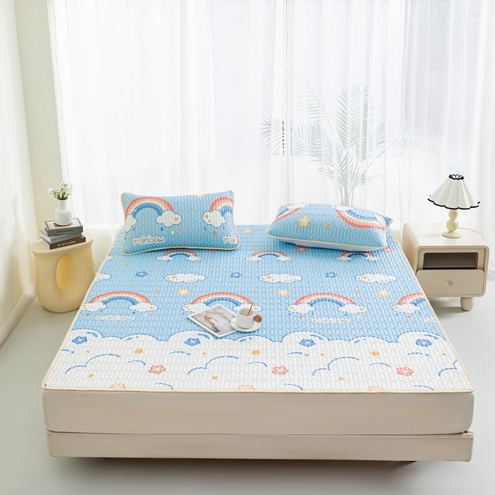 91家纺网 家纺一手货源 找家纺 美丽折2025新品6mm厚天然乳胶凉席三件套 大版印花卡通乳胶凉席平铺款 彩虹之恋