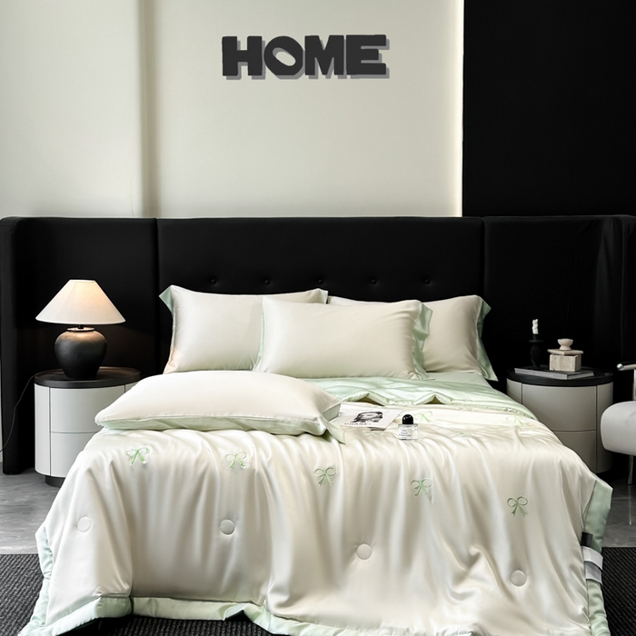 91家纺网 家纺一手货源 找家纺 满羽家纺 2025新款冰丝夏被四件套-满绣系列 蝴蝶结-奶白绿