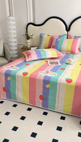 91家纺网 家纺一手货源 找家纺 仟网汇 2025全棉老粗布蕾丝花边三件套（无纺布手提包装） 彩虹