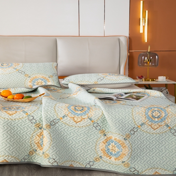 91家纺网 家纺一手货源 找家纺 美丽折2025夏季新品高端加厚全冰丝生物基乳胶凉席三件套 水洗天然乳胶凉席 富贵华庭绿