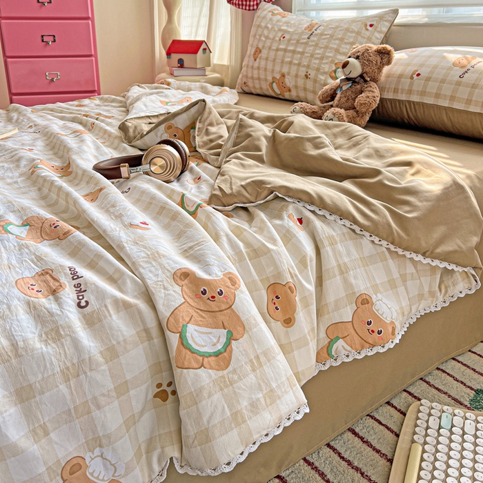 91家纺网 家纺一手货源 找家纺 妖妖家纺 2025新款超柔双层纱糯糯针织棉夏凉被四件套 厨师小熊