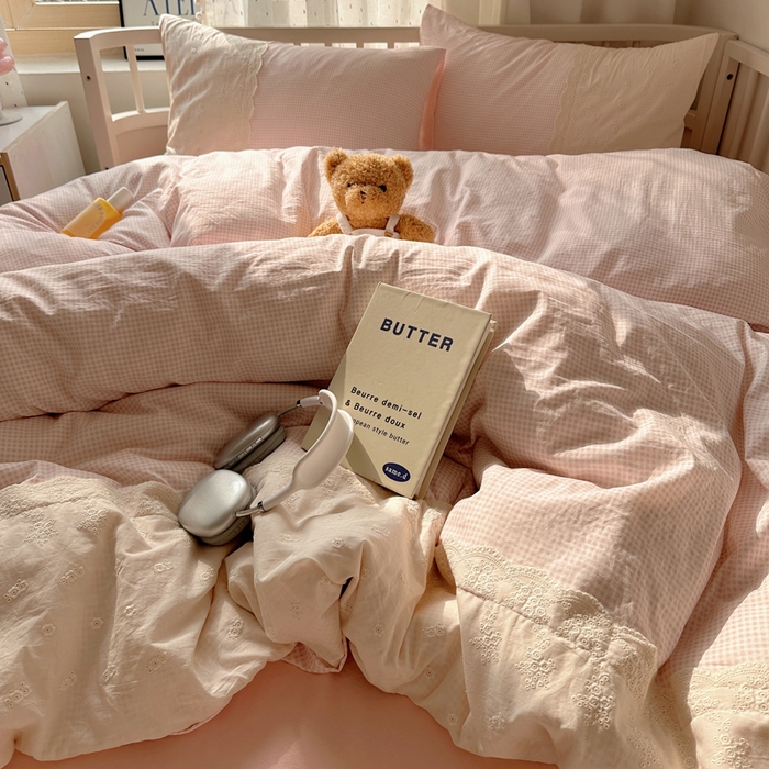 91家纺网 家纺一手货源 找家纺 顾里家纺 2025新款简约小资系列云感双层纱四件套 小粉格