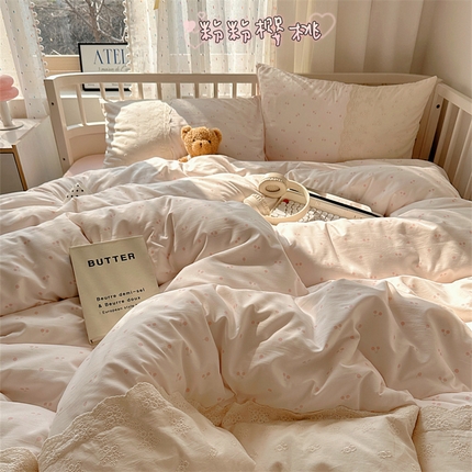 顾里家纺 2025新款简约小资系列云感双层纱四件套 粉粉樱桃