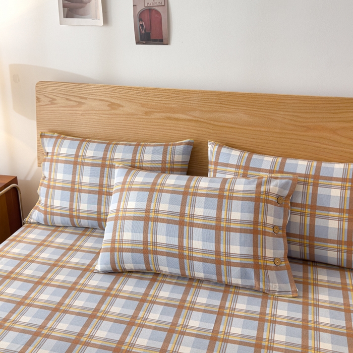 91家纺网 家纺一手货源 找家纺 仟网汇 2025新款活性印染无印纽扣原棉老粗布三件套 咖小格