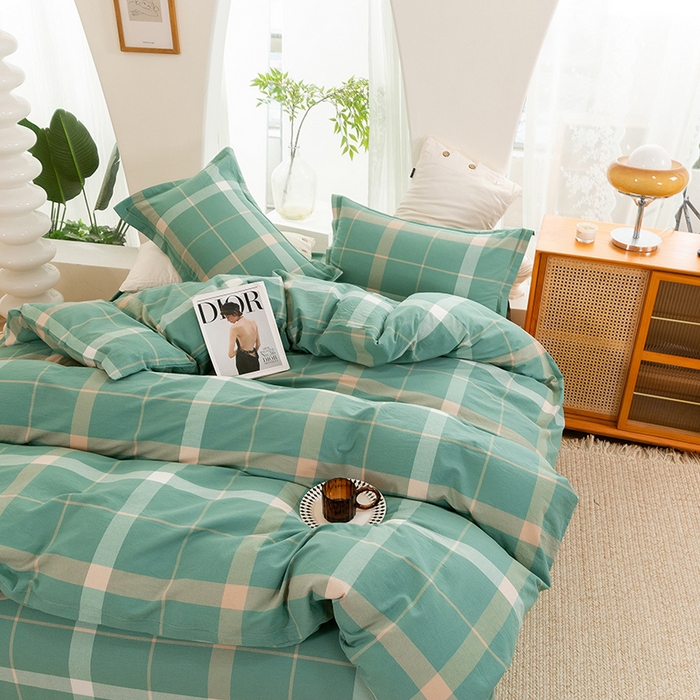 91家纺网 家纺一手货源 找家纺 喜四方 2025新款全棉色织水洗棉四件套 悠然大格（绿）