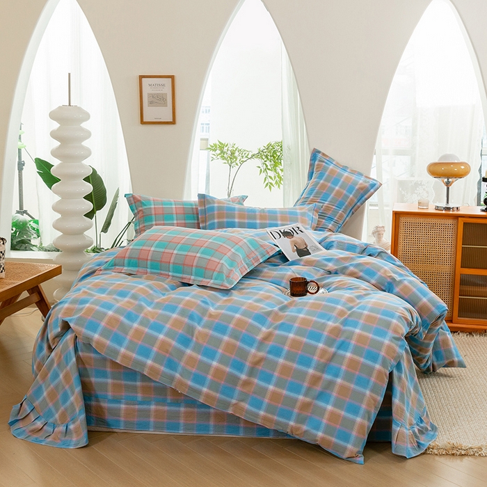 91家纺网 家纺一手货源 找家纺 喜四方 2025新款全棉色织水洗棉四件套 思域（蓝）