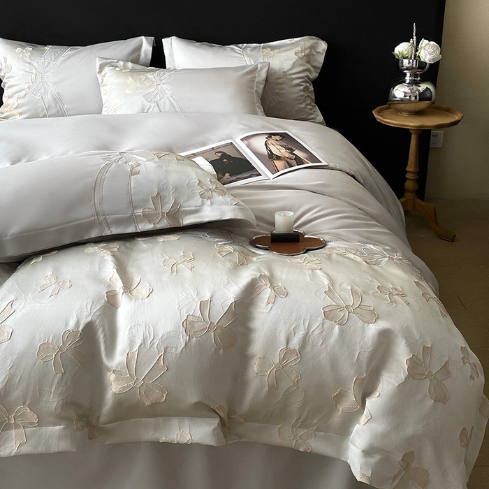 91家纺网 家纺一手货源 找家纺 优悦生活馆 2025新款冰丝浮雕绣花四件套 暮光之城-灰绿