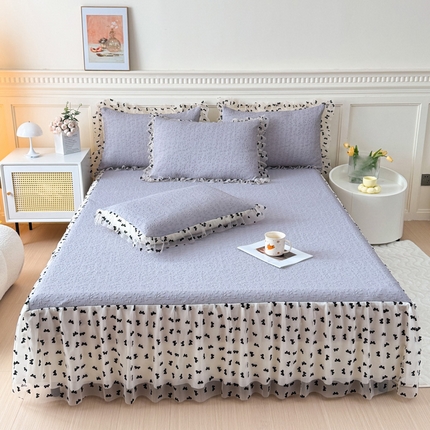 KA家纺 2025新款夏季A类凉感冰豆豆花边床裙凉席三件套 叶叶情深灰