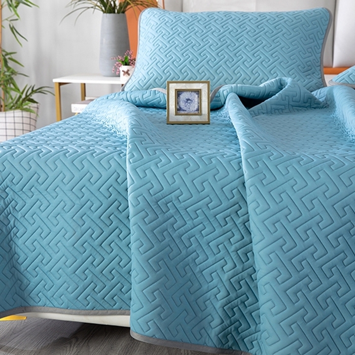 91家纺网 家纺一手货源 找家纺 美丽折2025夏季新品高端加厚全冰丝生物基乳胶凉席三件套 水洗天然乳胶凉席 孔雀蓝T