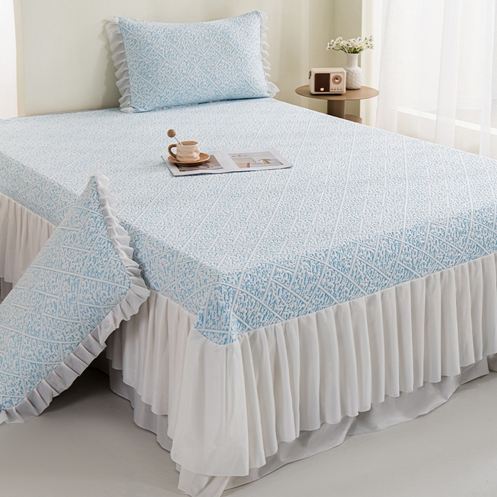 91家纺网 家纺一手货源 找家纺 鑫姿 2025新款5A抗菌凉席床裙款-雅致系列 雅致床裙款-冰浅蓝