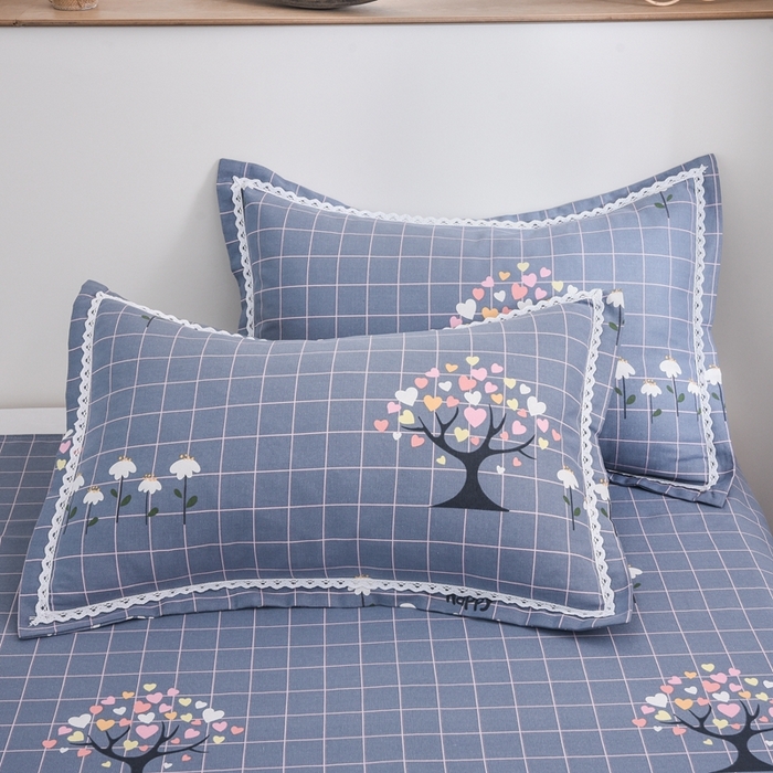 91家纺网 家纺一手货源 找家纺 仟网汇 2025全棉老粗布蕾丝花边三件套（无纺布手提包装） 发财树蓝灰