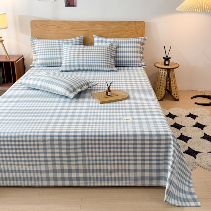 91家纺网 家纺一手货源 找家纺 仟网汇 2025新款活性印染无印纽扣原棉老粗布三件套 蓝白格