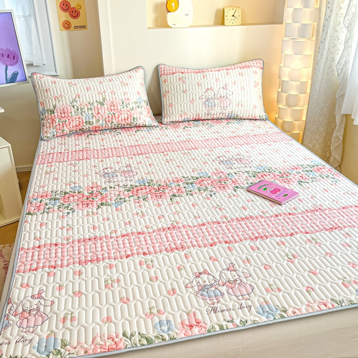 91家纺网 家纺一手货源 找家纺 柒月家居 2025新款小清新乳胶凉席 粉系花园