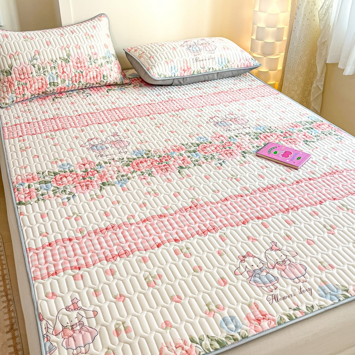 91家纺网 家纺一手货源 找家纺 柒月家居 2025新款小清新乳胶凉席 粉系花园