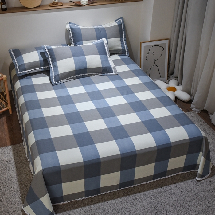 91家纺网 家纺一手货源 找家纺 仟网汇 2025全棉老粗布蕾丝花边三件套（无纺布手提包装） 蓝大格