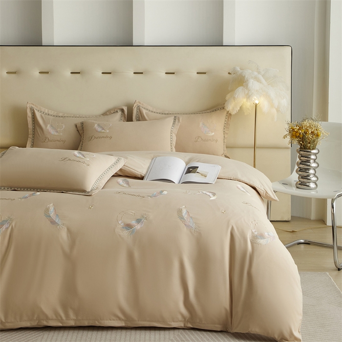 91家纺网 家纺一手货源 找家纺 佳宇轩 2025爆款水洗棉五彩刺绣四件套简约轻奢织带绣花床单床笠被罩4件套-蜜羽 蜜羽-浅咖