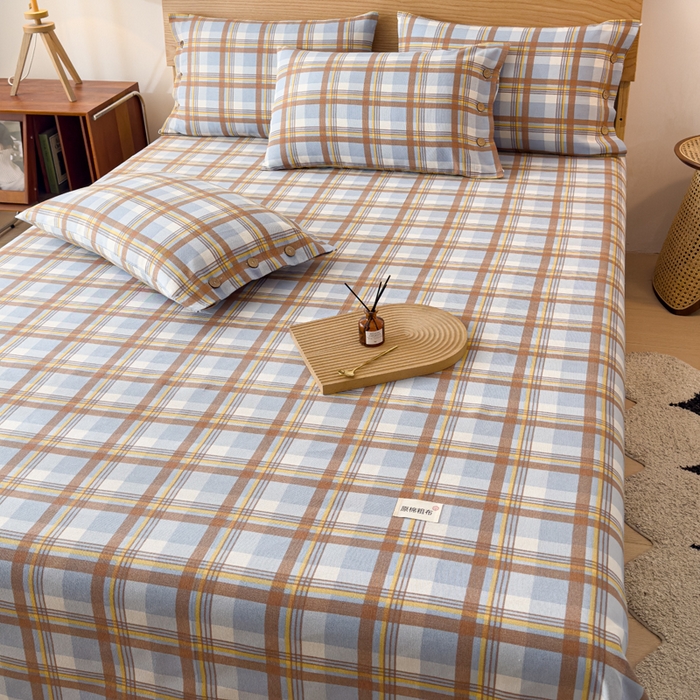 91家纺网 家纺一手货源 找家纺 仟网汇 2025新款活性印染无印纽扣原棉老粗布三件套 咖小格