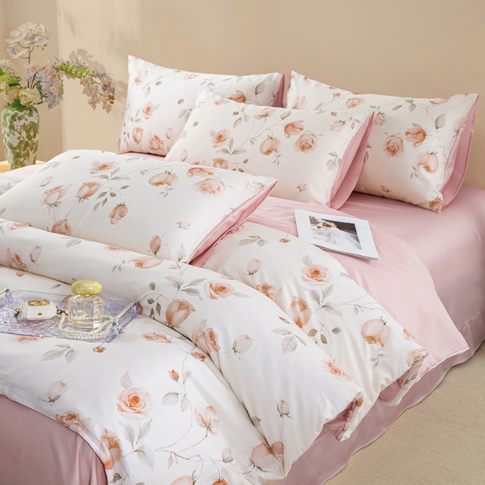 91家纺网 家纺一手货源 找家纺 帅露家纺 2025新款50S莱赛尔天丝印花四件套 花艺盈香-粉