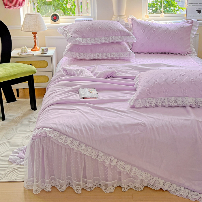 91家纺网 家纺一手货源 找家纺 创爱家纺 2025新款3D提花冰豆豆床裙款凉席夏被四件套 冰豆豆-紫
