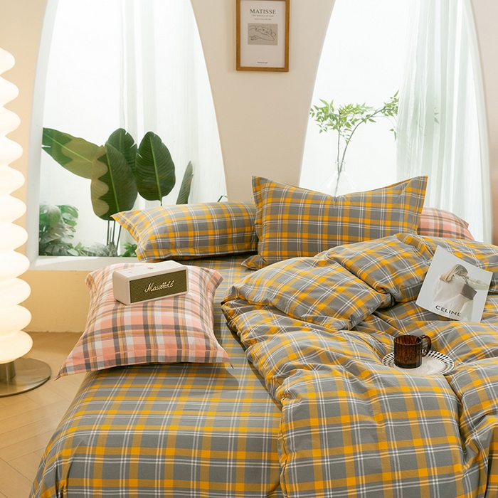 91家纺网 家纺一手货源 找家纺 喜四方 2025新款全棉色织水洗棉四件套 夏威夷（ 黄）