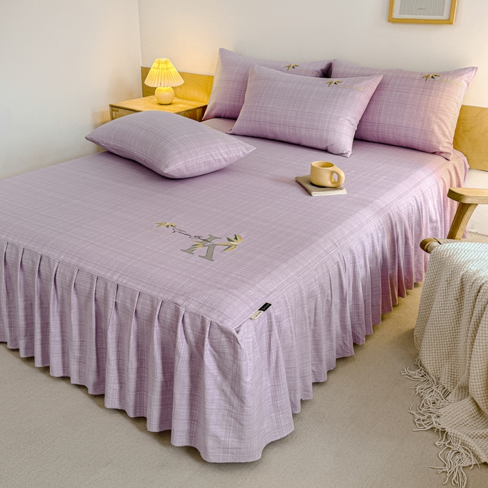 91家纺网 家纺一手货源 找家纺 布柔 2025新款100%全棉纯棉老粗布绣花印花凉席单品床裙 米多紫