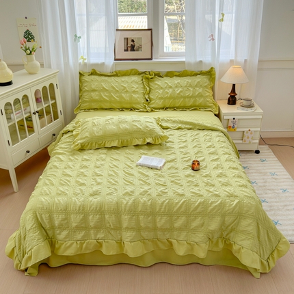 91家纺网 家纺一手货源 找家纺 德比尔斯 2025新款7D豆豆韩版泡泡纱单夏被夏被四件套 芥末绿