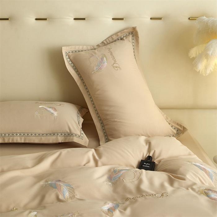 91家纺网 家纺一手货源 找家纺 佳宇轩 2025爆款水洗棉五彩刺绣四件套简约轻奢织带绣花床单床笠被罩4件套-蜜羽 蜜羽-浅咖