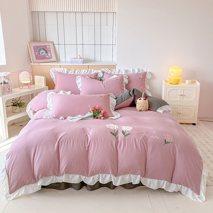 91家纺网 家纺一手货源 找家纺 家贝爱 2025新款花边刺绣玉颜系列四件套 玉颜-豆沙